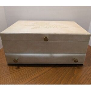 Vtg Buxton Jewelry Box Cream Gold Floral Red Velvet Lining Made USA Large READ